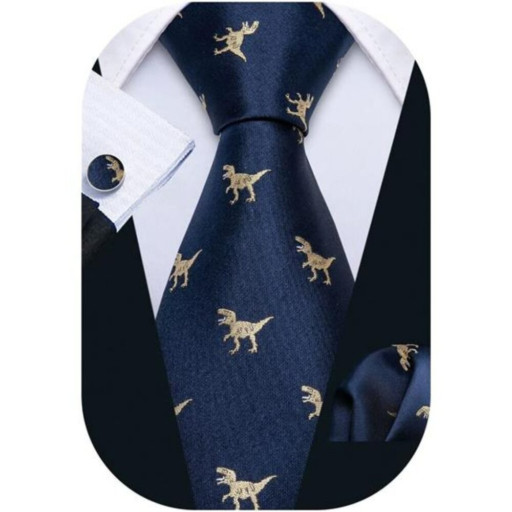 Mens Animal Tie Set Cufflinks Pocket Square Fun Print Festival Necktie Gift